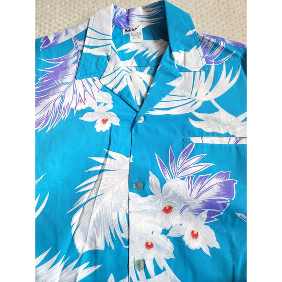 VTG Hawaiian Made Shirt Mens Blue Floral Flowers Button Up Short Sleeve USA ,M - Picture 5 of 7